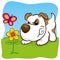 Mascot dog barking angry for a butterfly on flower