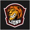 Mascot Lions - sport team logo template. Lion head on the shield. T-shirt graphic, badge, emblem, sticker.