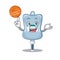 A mascot picture of saline bag cartoon character playing basketball