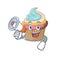 A mascot of rainbow cupcake speaking on a megaphone