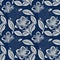 Masculine indigo floral blockprint linen seamless pattern. All over print of navy blue cotton effect flower linocut