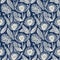 Masculine indigo floral blockprint linen seamless pattern. All over print of navy blue cotton effect flower linocut