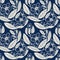 Masculine indigo floral blockprint linen seamless pattern. All over print of navy blue cotton effect flower linocut