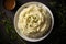 Mashed potatoes with herbs on a dark background. Top view.