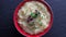 Mashed potatoes with radish microgreens in a red saucepan rotate , close up