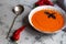 Mashed tomato soup with baked gazpacho garlic.