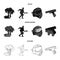 Mask, gun, paint, inventory .Paintball set collection icons in black,monochrome,outline style vector symbol stock