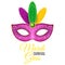Mask for Mardi Gras carnival. Luxurious mask with colorful feathers on a white background. Yellow text. Festive poster, template.