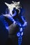 mask robot, white suit with transparent plastic and LED lights o