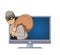 Masked burglar jumping out of the monitor with bag on his shoulder. Criminal character on TV. Flat vector illustration