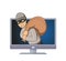 Masked burglar smiling in computer monitor with bag on his shoulder. Criminal on TV. Flat vector illustration. Isolated