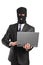 Masked businessman holding a laptop