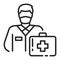 Masked doctor man with a suitcase black line icon. Coronavirus prevention. Emergency. Pictogram for web page, mobile app, promo.