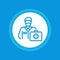 Masked doctor man with a suitcase color button. Coronavirus prevention icon. Emergency. Pictogram for web page, mobile app, promo
