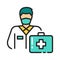 Masked doctor man with a suitcase color line icon. Coronavirus prevention. Emergency. Pictogram for web page, mobile app, promo.