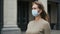 Masked face Italian woman walking street corona virus. Girl go theater covid-19.