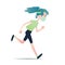 Masked girl runs. Vector illustration of young blue haired girl runner in medical mask joggs while coronavirus pandemic