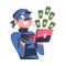 Masked hacker hacked into user bank account. Cyber security and crime, spy access cartoon vector illustration