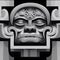 Masked monkey deity. Intense closeup of Mayan totem's face. Fictional image in ancient ethnic style. AI-generated