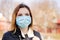 Masked quarantine walk. Coronavirus Protection Concept