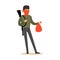 Masked robber with rifle on his shoulder carrying a bag, robbery colorful character vector Illustration