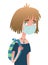Masked sad girl with striped backpack in cartoon flat style isolated on white background. Coronavirus epidemic, pandemic