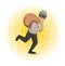 Masked thief with bag on digital stream background. Robber running away. Comic vector illustration.