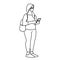 Masked woman searches for news about Covid-19 on the Internet in her phone. Monochrome vector illustration in simple