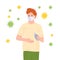 Masked young guy uses an sanitizer cartoon vector