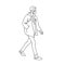 Masked young man taking a walk. Side view. Monochrome vector illustration in simple linear style isolated on white