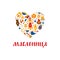 Maslenitsa poster - traditional Russian holiday greeting card in heart shape