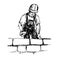 Mason in helmet with masons trowel in hands putting lines of brick wall on cement, hand drawn doodle, sketch, black and white