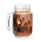 Mason jar of cold coffee on white background