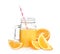 Mason jar with delicious citrus juice and fresh oranges on white background