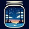 Mason jar with forest and lake in the night. Vector illustration. AI generated