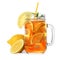 Mason jar of refreshing iced tea with lemon slices and mint