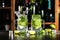 Mason jars of fresh mojito with splashes on table in bar