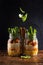 Mason jars with hot Salad: Chickpeas, arrots, quinoa, roasted Pu