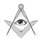 Masonic square and compass symbol with All seeing eye , Freemason sacred society emblem for tattoo design art. Isolated vector il