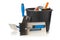 Masonry tools - trowels, notched trowel and mortar bucket - on w