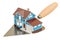 Masonry trowel with house, construction concept. 3D rendering