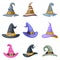 Masquerade artoon witch hat halloween children costume kid party icons set vector illustration