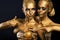 Masquerade. Enjoyment. Two Glossy Women with Golden Body Art. Glamor