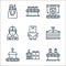 mass production line icons. linear set. quality vector line set such as engineers, industry, unboxing, container, delivery box,