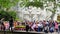 Mass tourists taking a group picture in front of Lion monument, Lucerne Switzerland