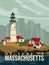 Massachusetts is on a tourist poster. Vintage lighthouse. The east state of the US. Boston area. Lighthouse