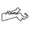 Massachusetts US state outline map with the handwritten HOME word. Continuous line drawing of patriotic home sign