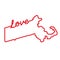 Massachusetts US state red outline map with the handwritten LOVE word. Vector illustration