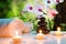 Massage composition spa with candles, orchids and black stones in garden