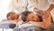 Massage, relax and peace with couple in spa for healing, health and zen treatment. Detox, skincare and beauty with hands